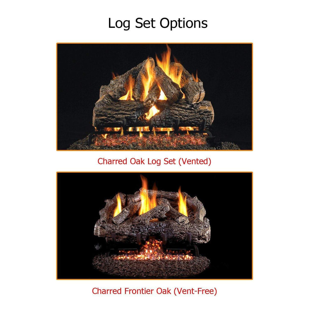 Log set options: charred oak log set (vented) and charred frontier oak (vent-free)