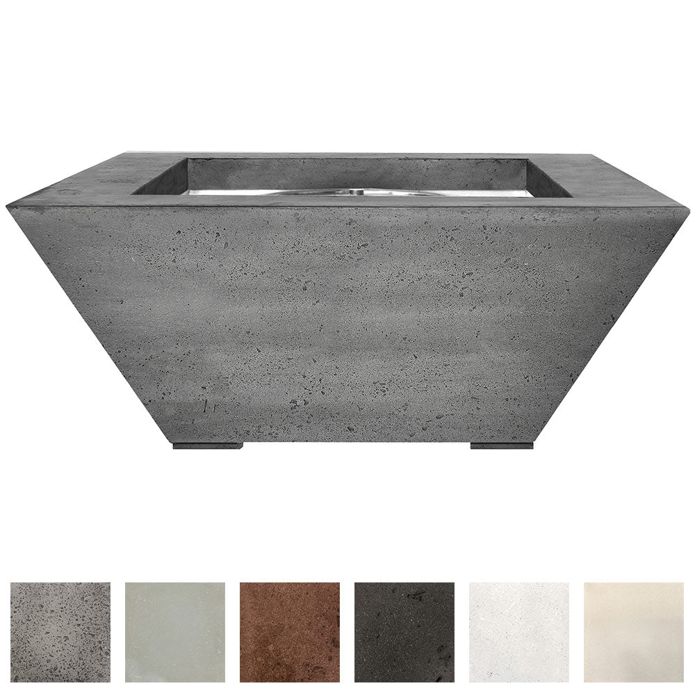 Concrete gas fire pit with rectangular burner opening and square base, gray finish