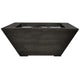 Concrete gas fire pit with rectangular burner opening and square base, blackened finish