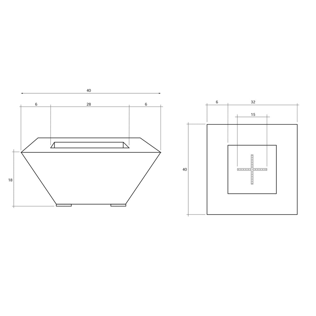 Line drawing of concrete gas fire pit showing top view and side measurements