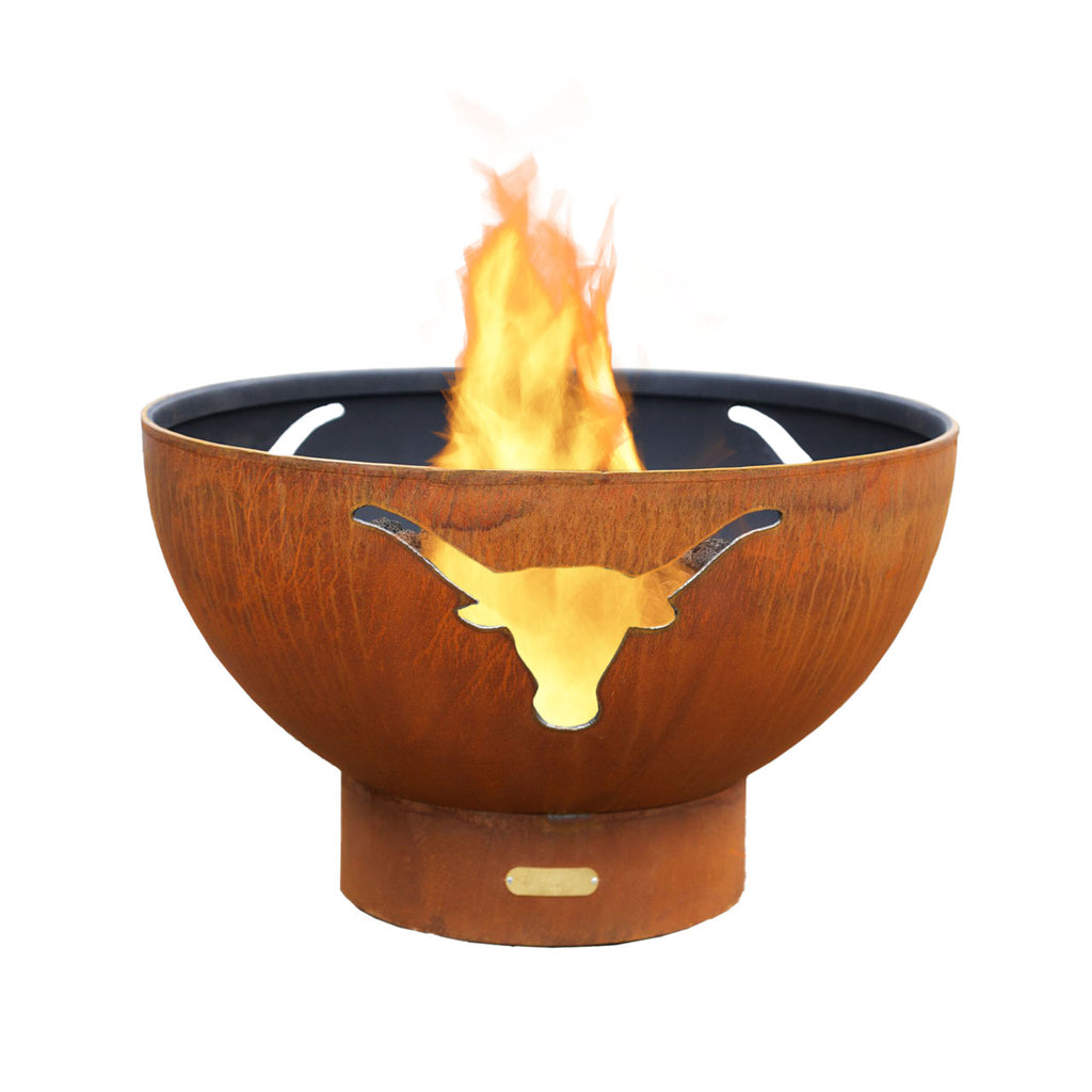 Brown steel gas fire pit bowl with longhorn cutout and visible flames