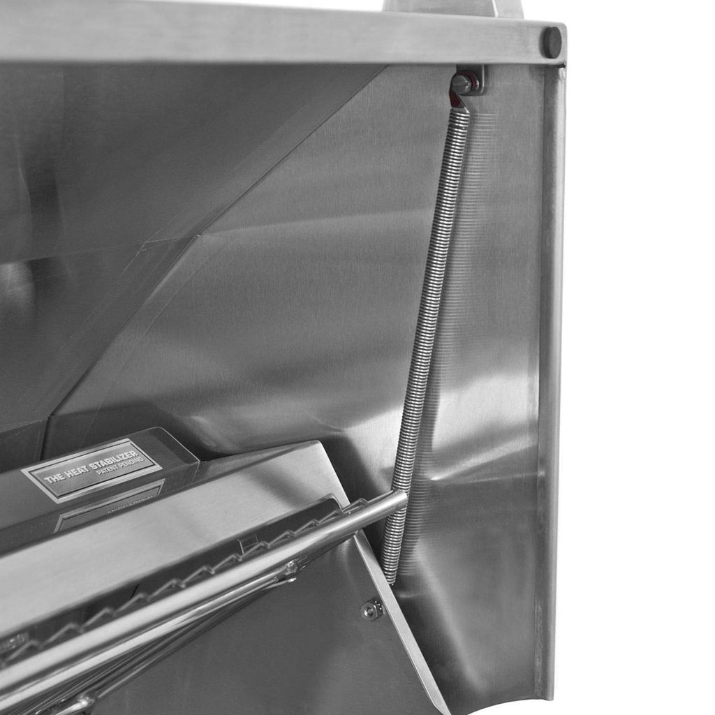 Stainless gas grill side panel with spring assembly and lid support