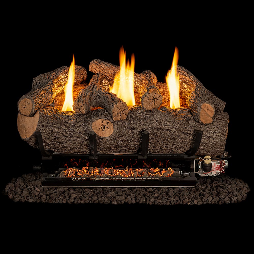 Ventless gas log set with glowing logs and three visible flames