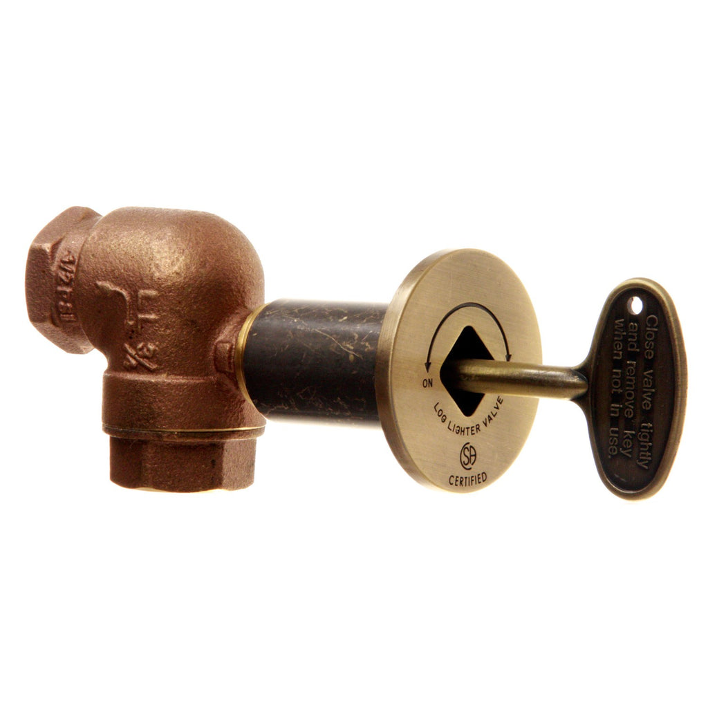 Angled gas fire pit shut-off valve kit with brown body and black ON/OFF control knob