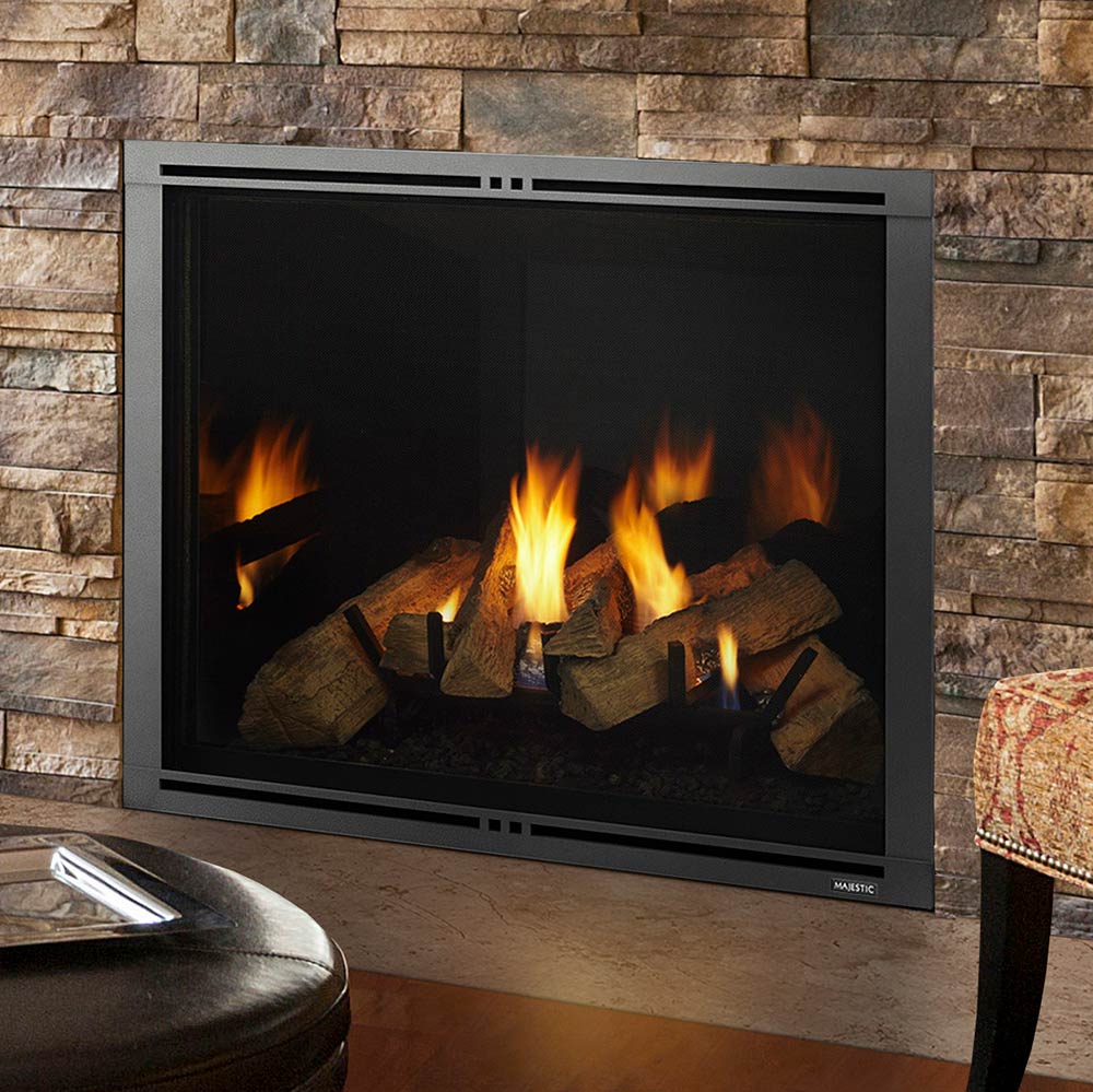 Direct vent gas fireplace with black glass front and glowing fire logs