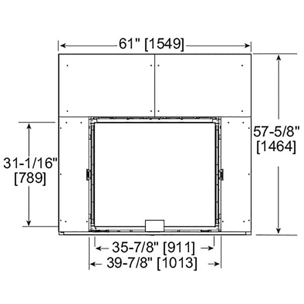 Fireplace cutout dimensions diagram, 61 in wide and 57-5/8 in high