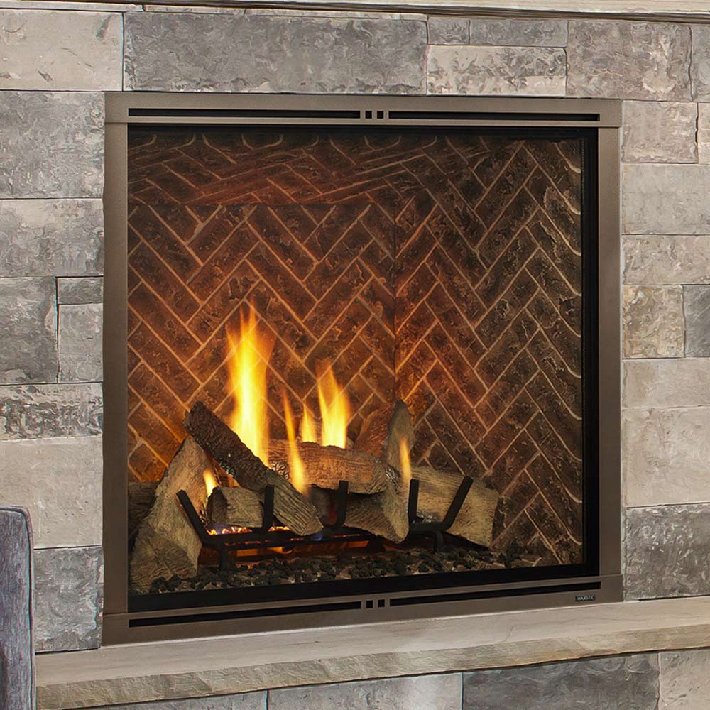 42-inch direct vent gas fireplace with burning flames and herringbone brick panel