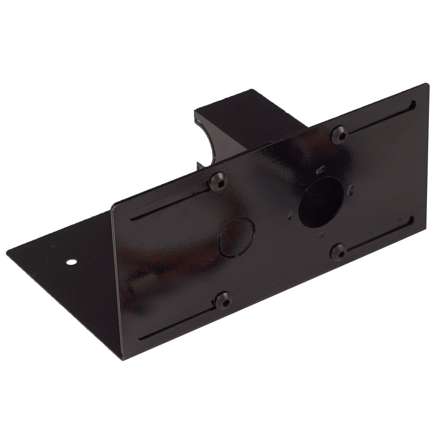 Warming Trends mounting bracket, dark metal base with two circular holes and screw openings