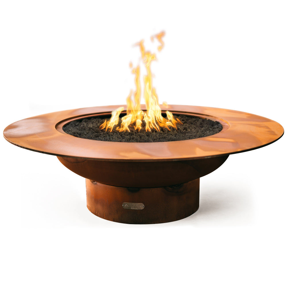 Copper-toned gas fire pit bowl with visible flame and central burner opening