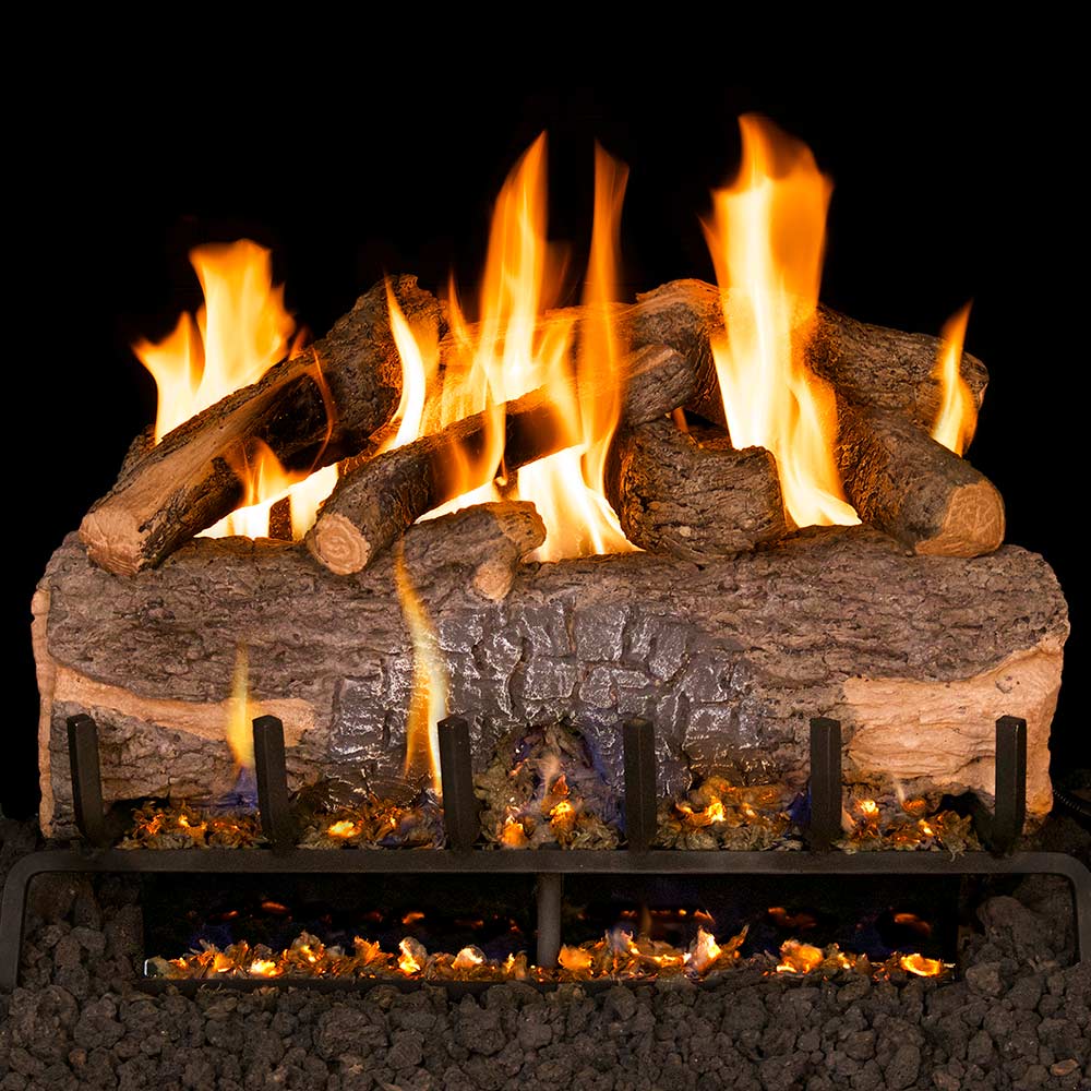 Real Fyre vented gas logs with stacked oak pieces and visible flames