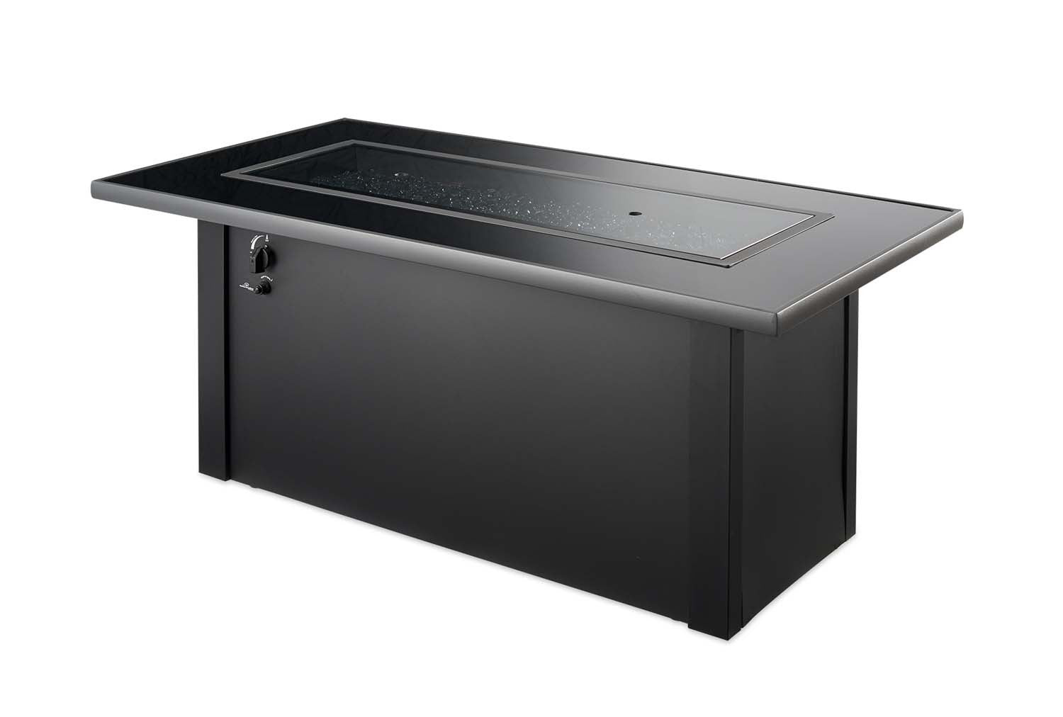 Black gas fire table with rectangular glass top and burning flames