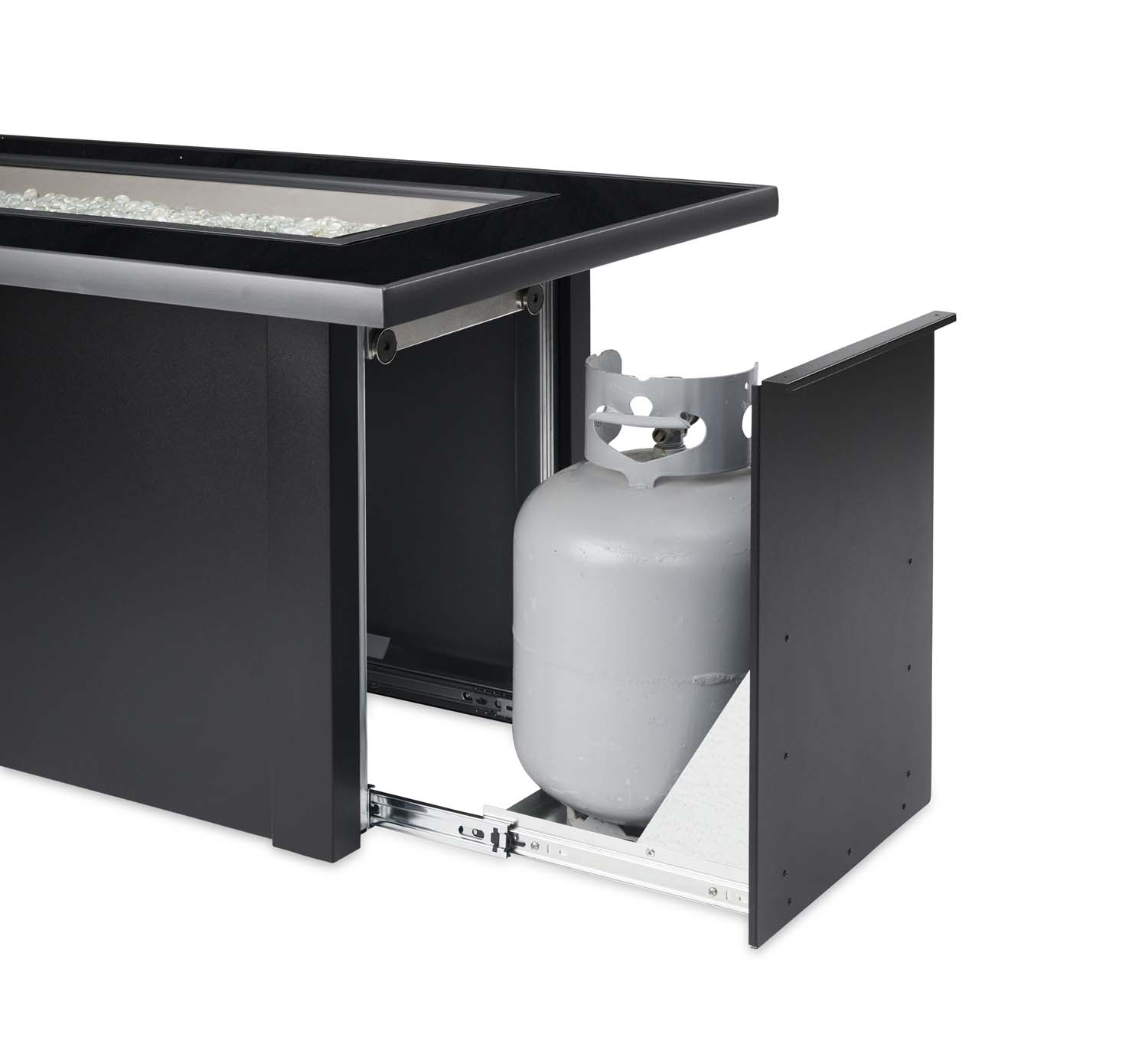 Black gas fire table with side access door open, showing propane tank