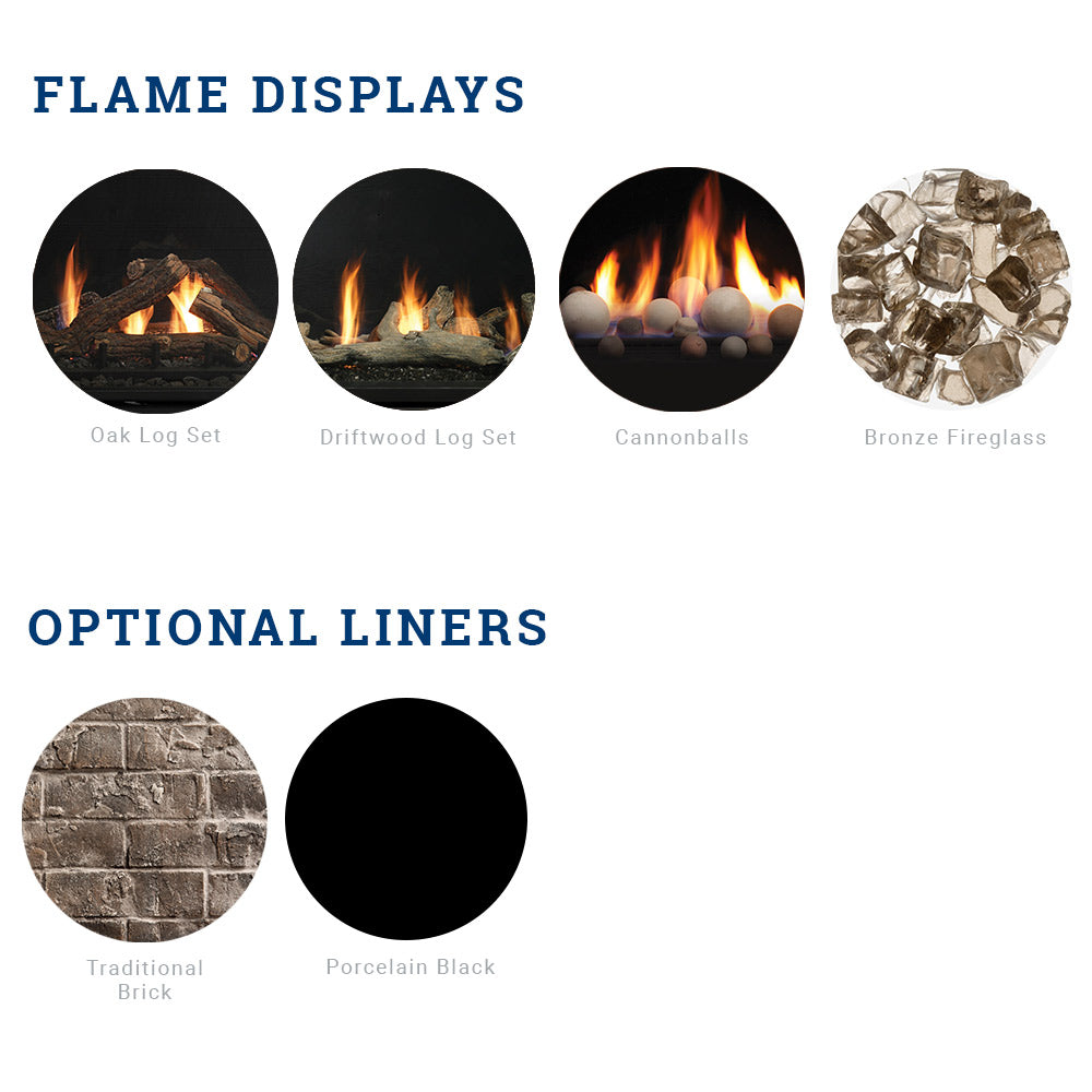Flame displays and optional liners diagram for gas fireplace styles