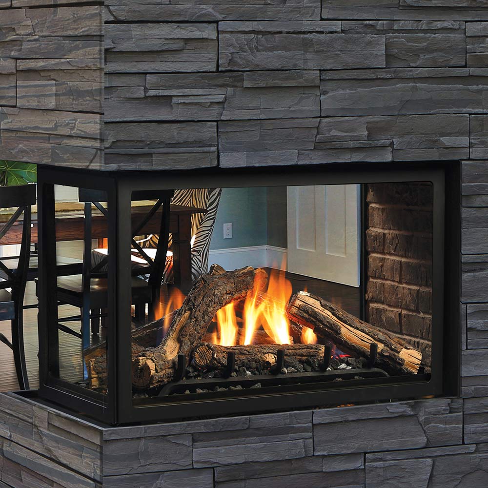 Direct vent gas fireplace with black surround and glowing log and ember bed