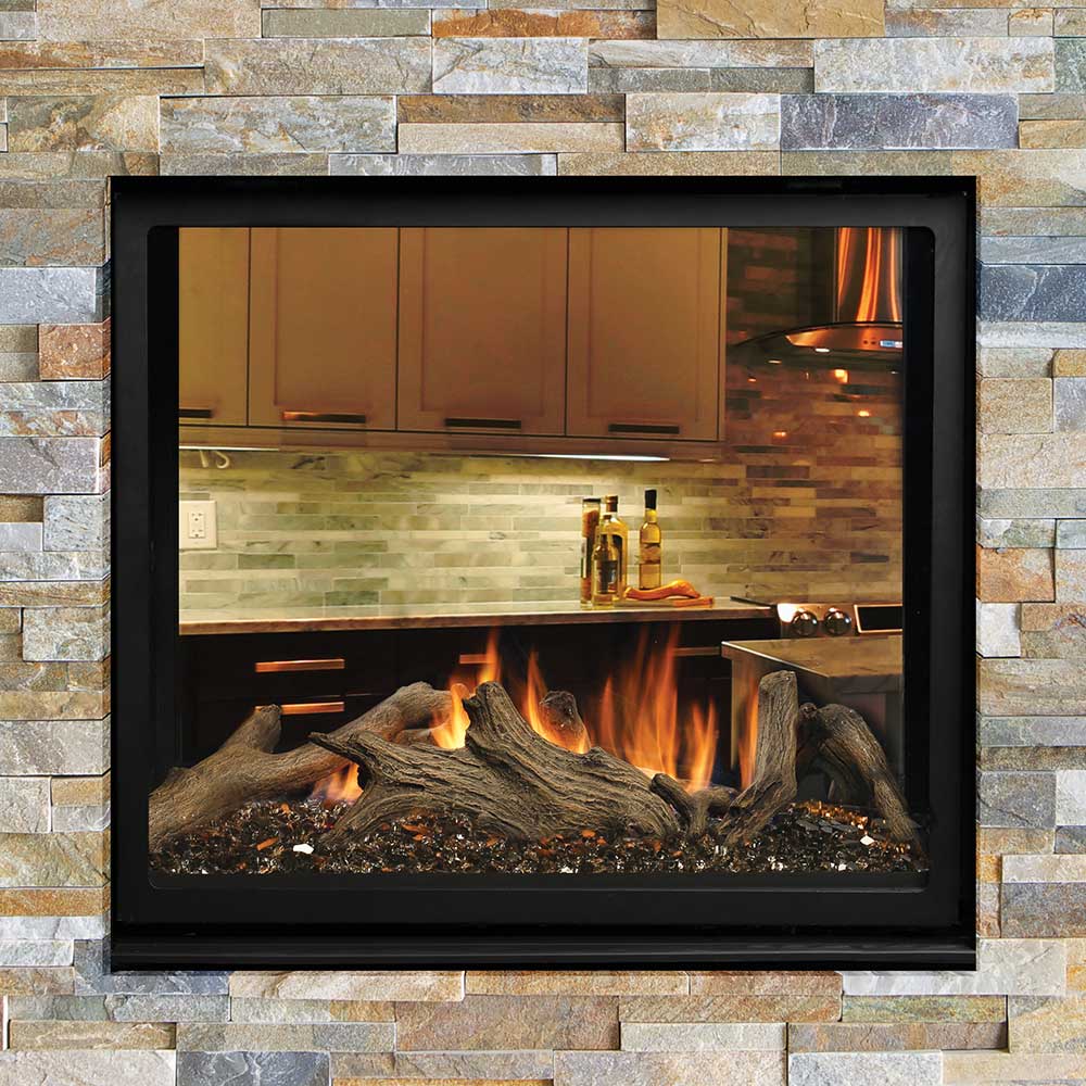 Black-framed gas fireplace insert with glowing logs, embers, and orange flames