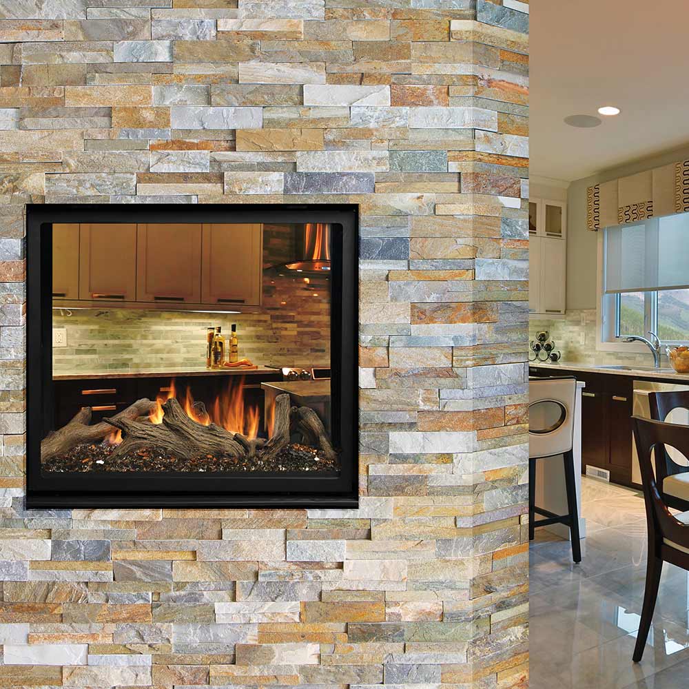 Black-framed see-through gas fireplace with glowing logs and orange flames