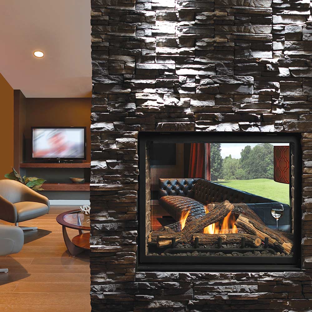See-through gas fireplace with black frame, burning logs, and glowing flames