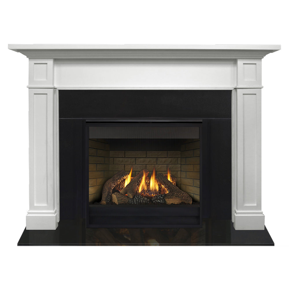 White Acadia flush mantel gas fireplace with black firebox and burning logs