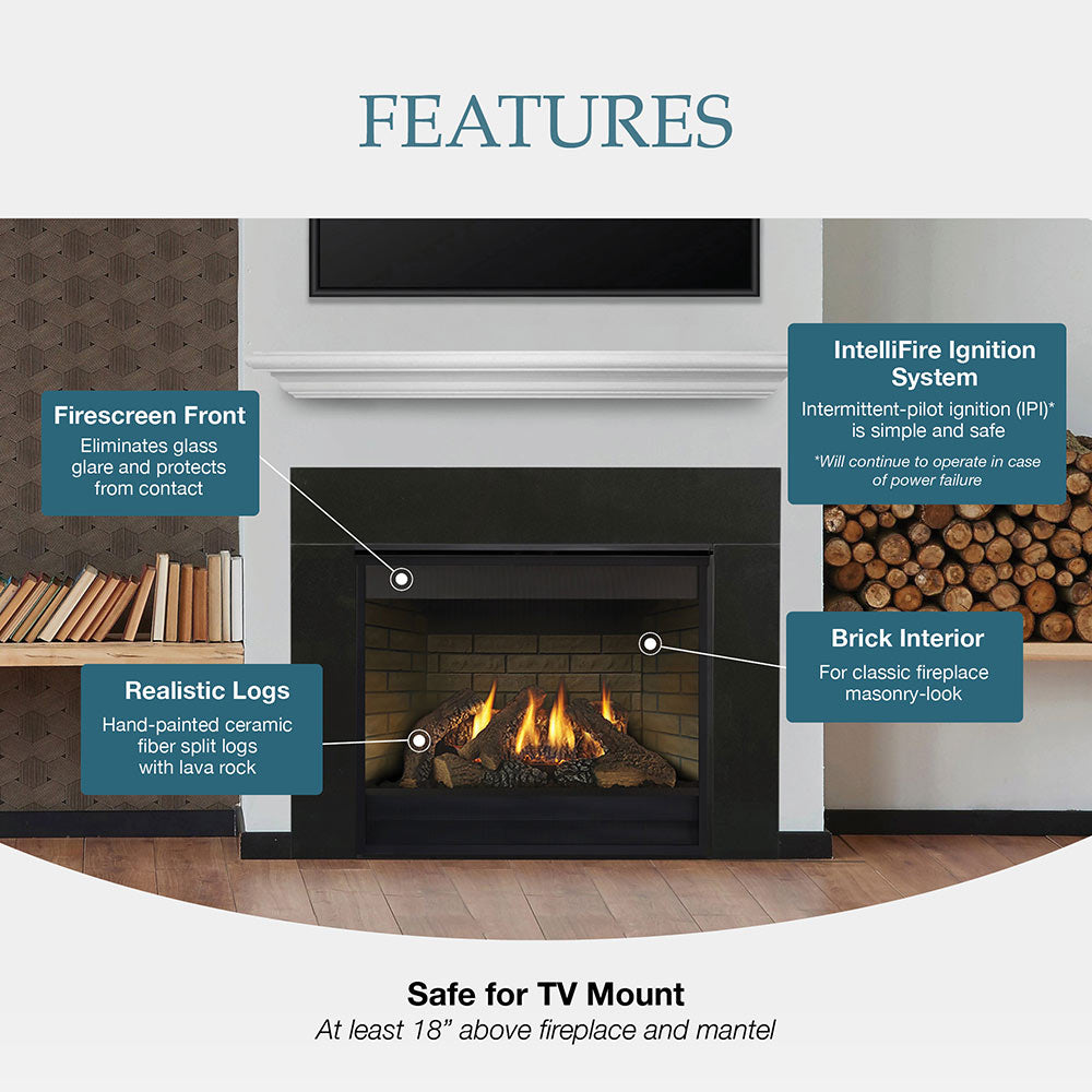 Direct vent gas fireplace feature diagram showing brick interior and flame ignition system