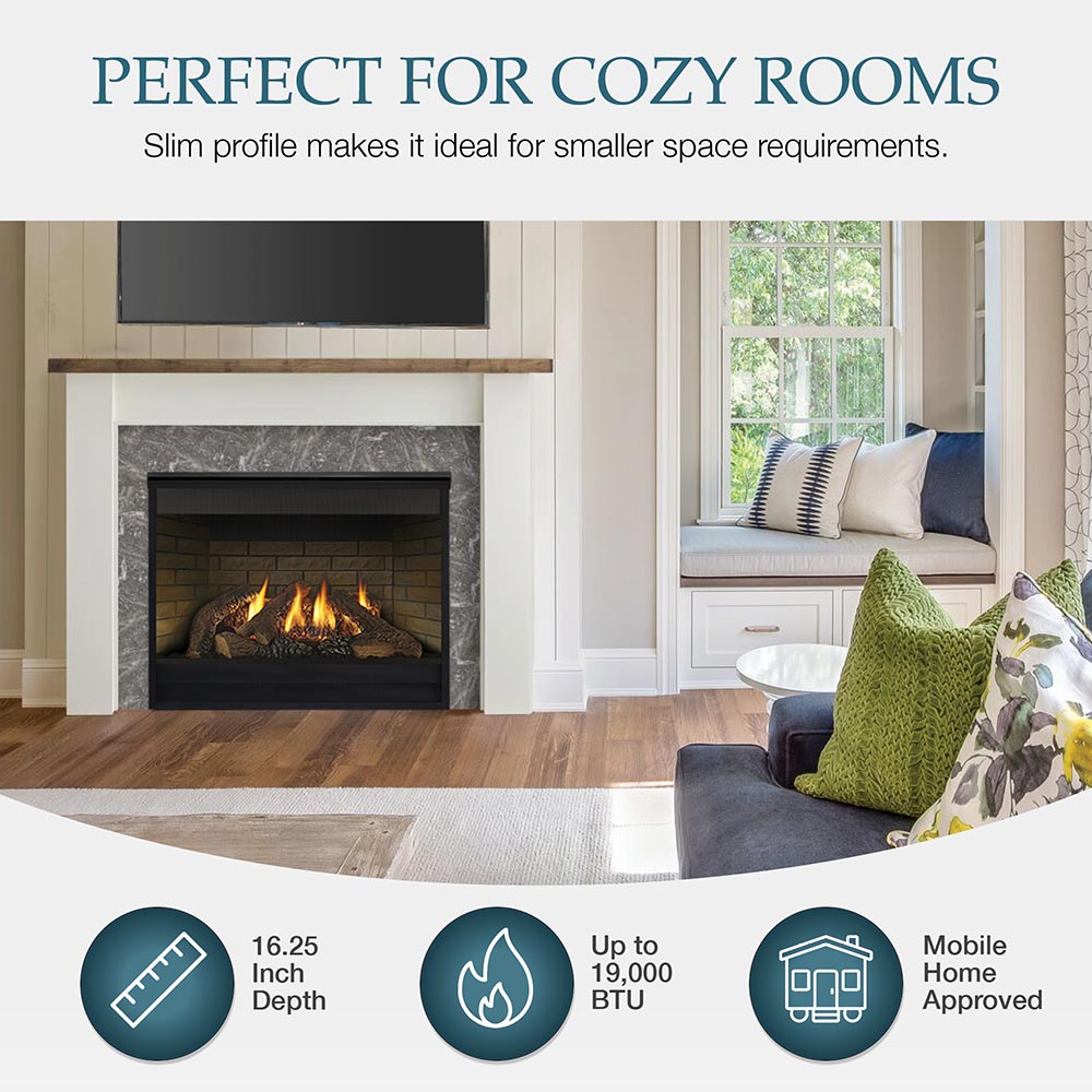 Direct vent gas fireplace with burning logs, black firebox, and white mantel surround