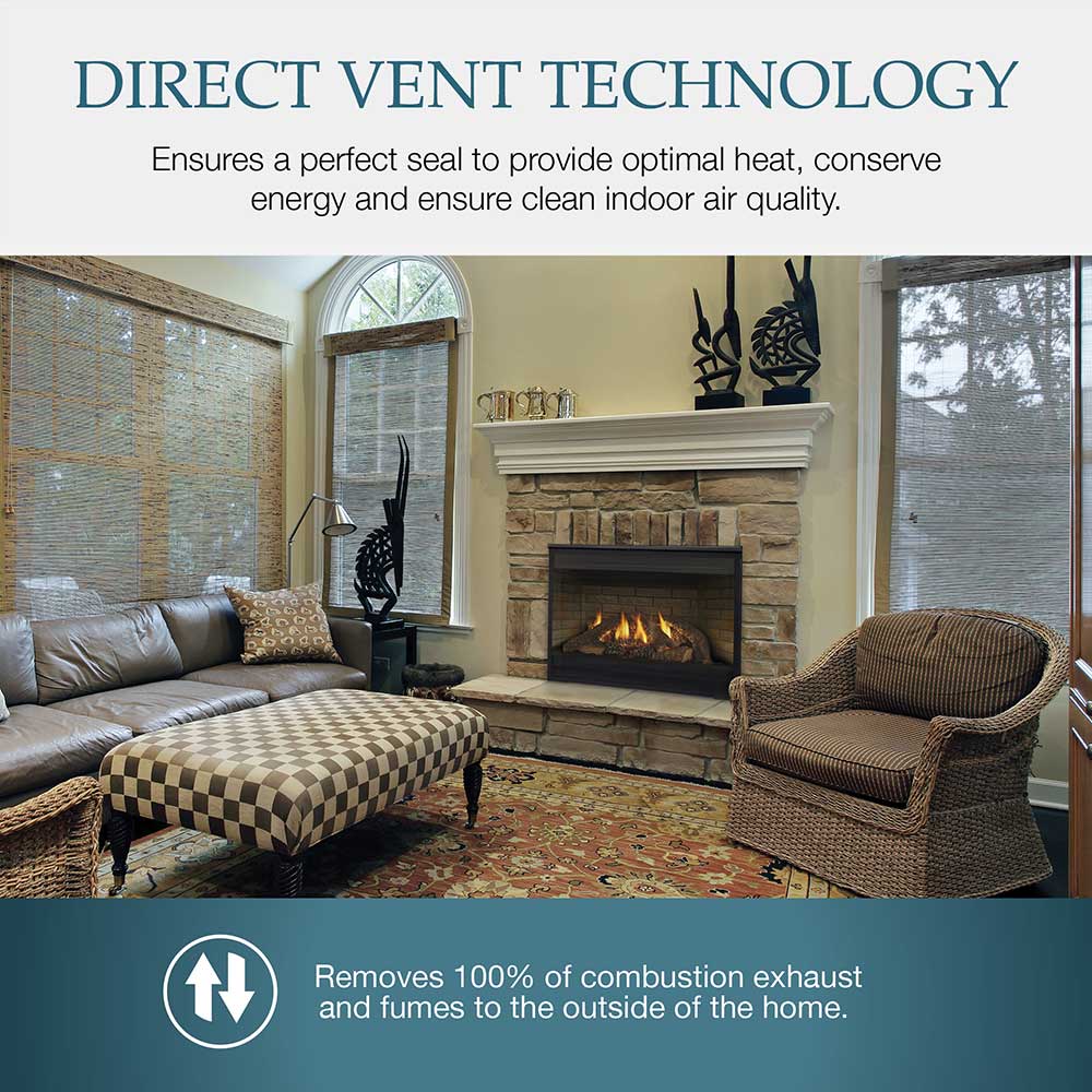 Direct vent gas fireplace with active flames behind dark frame in a brick surround