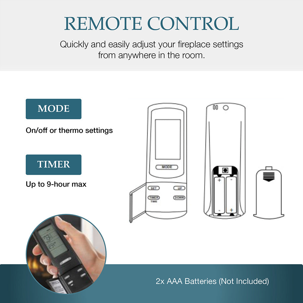 Direct vent gas fireplace remote control with mode and timer controls shown