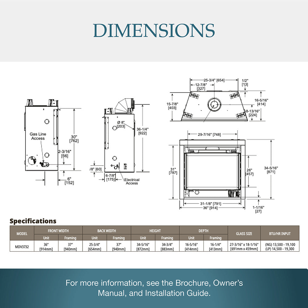 Direct vent gas fireplace dimensions technical drawing with labeled measurements