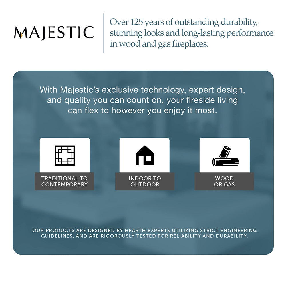 Majestic direct vent gas fireplace information card with technology and product icons