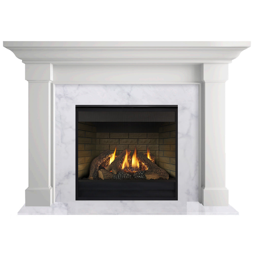 White flush mantel direct vent gas fireplace with glass firebox and burning logs
