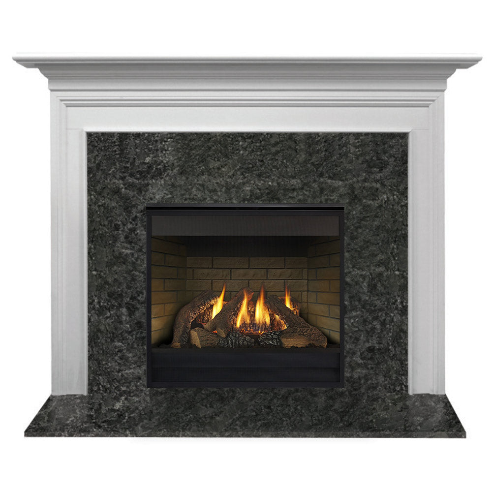 White flush mantel gas fireplace with black firebox and burning flame logs