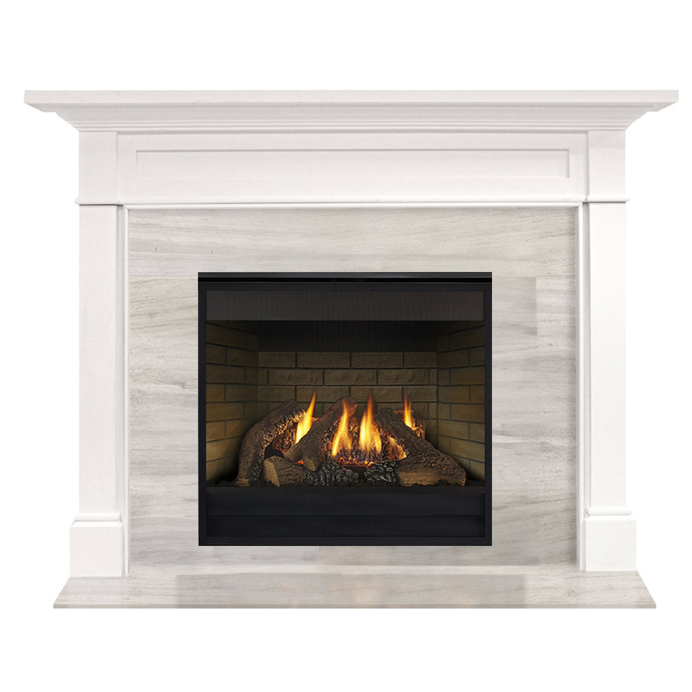 White flush mantel direct vent gas fireplace with black glass front and visible flames
