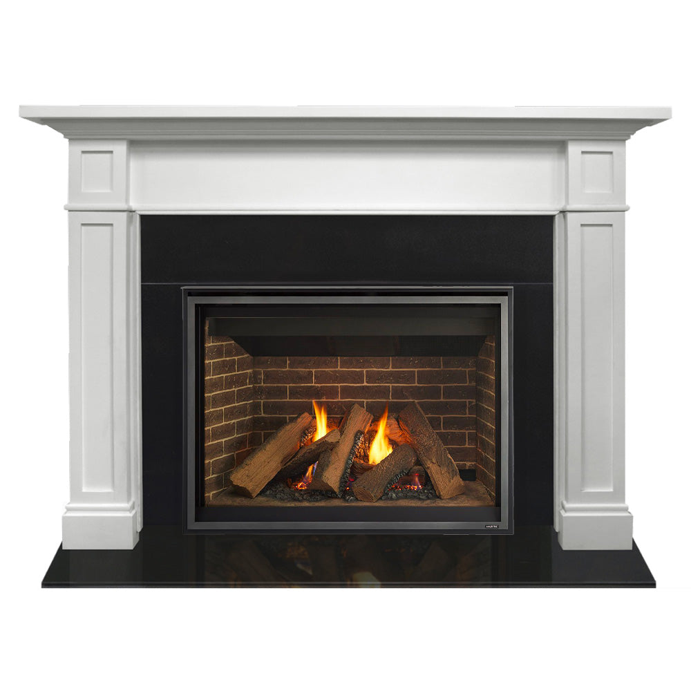 42-inch direct vent gas fireplace with white Acadia flush mantel and black firebox