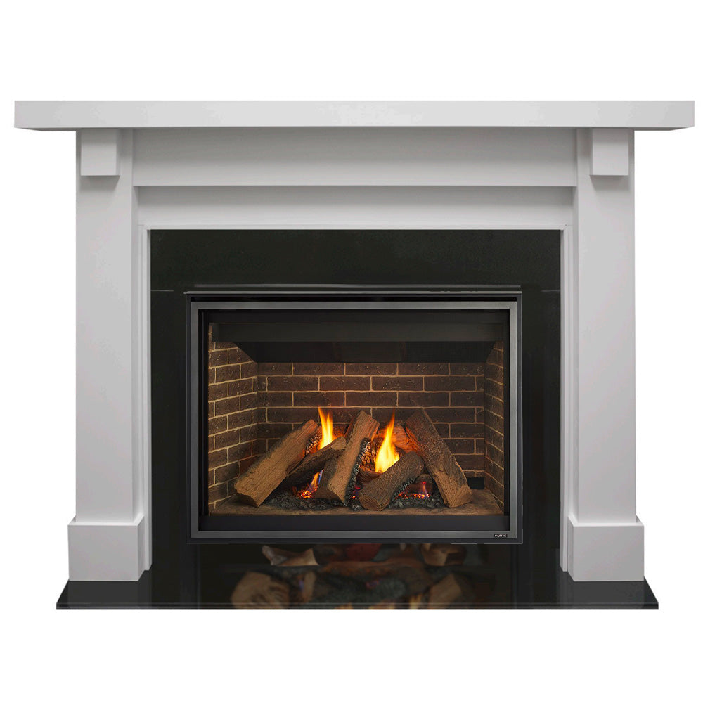 White fireplace mantel with black glass firebox showing orange flames