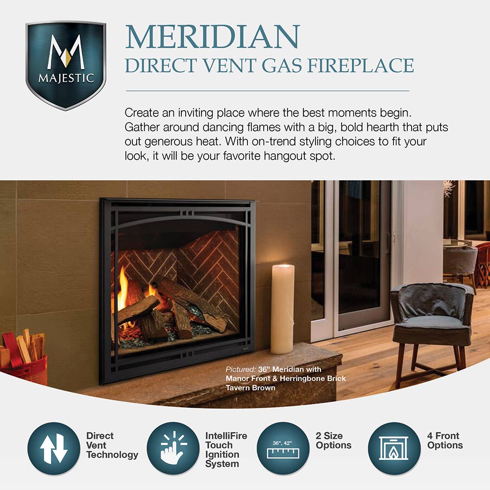 Black direct vent gas fireplace with glass front and glowing fire logs in frame