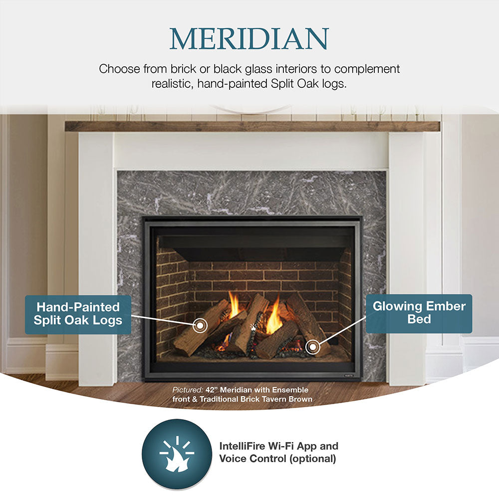 Meridian direct vent gas fireplace front with glowing ember bed and split oak logs