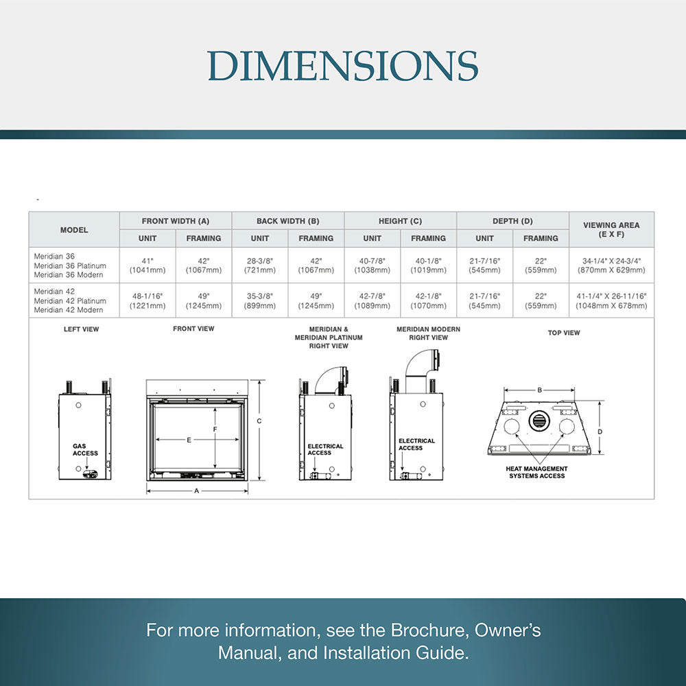 Fireplace dimensions diagram with width, back width, height, depth, and viewing area