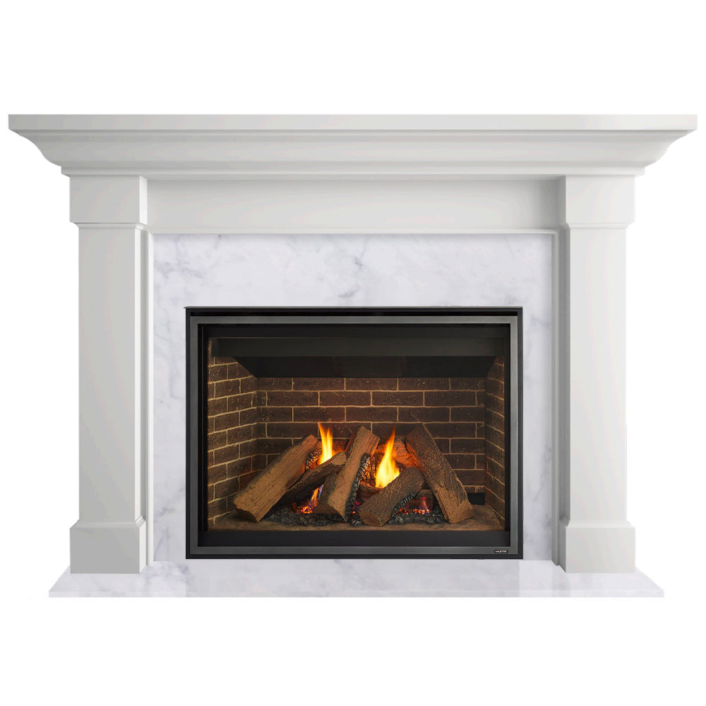 White flush mantel gas fireplace with black firebox and visible flames