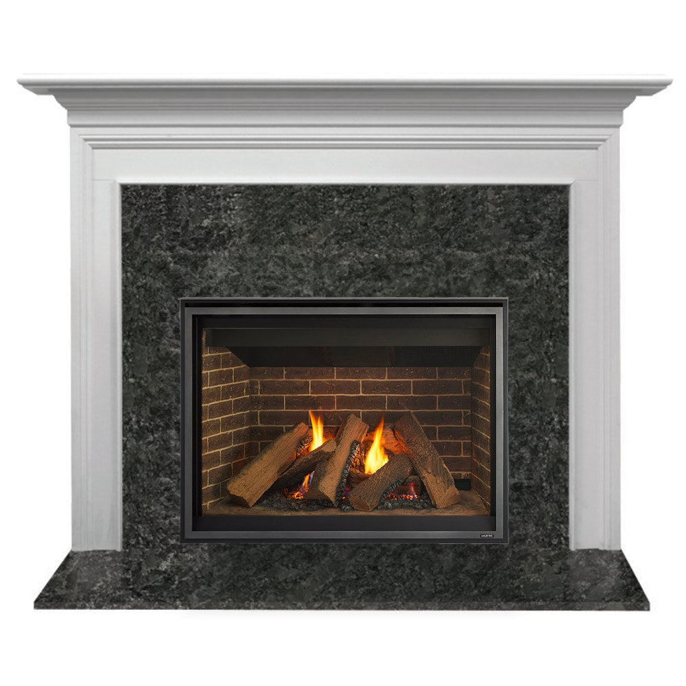 White flush mantel gas fireplace with dark stone surround and burning firebox