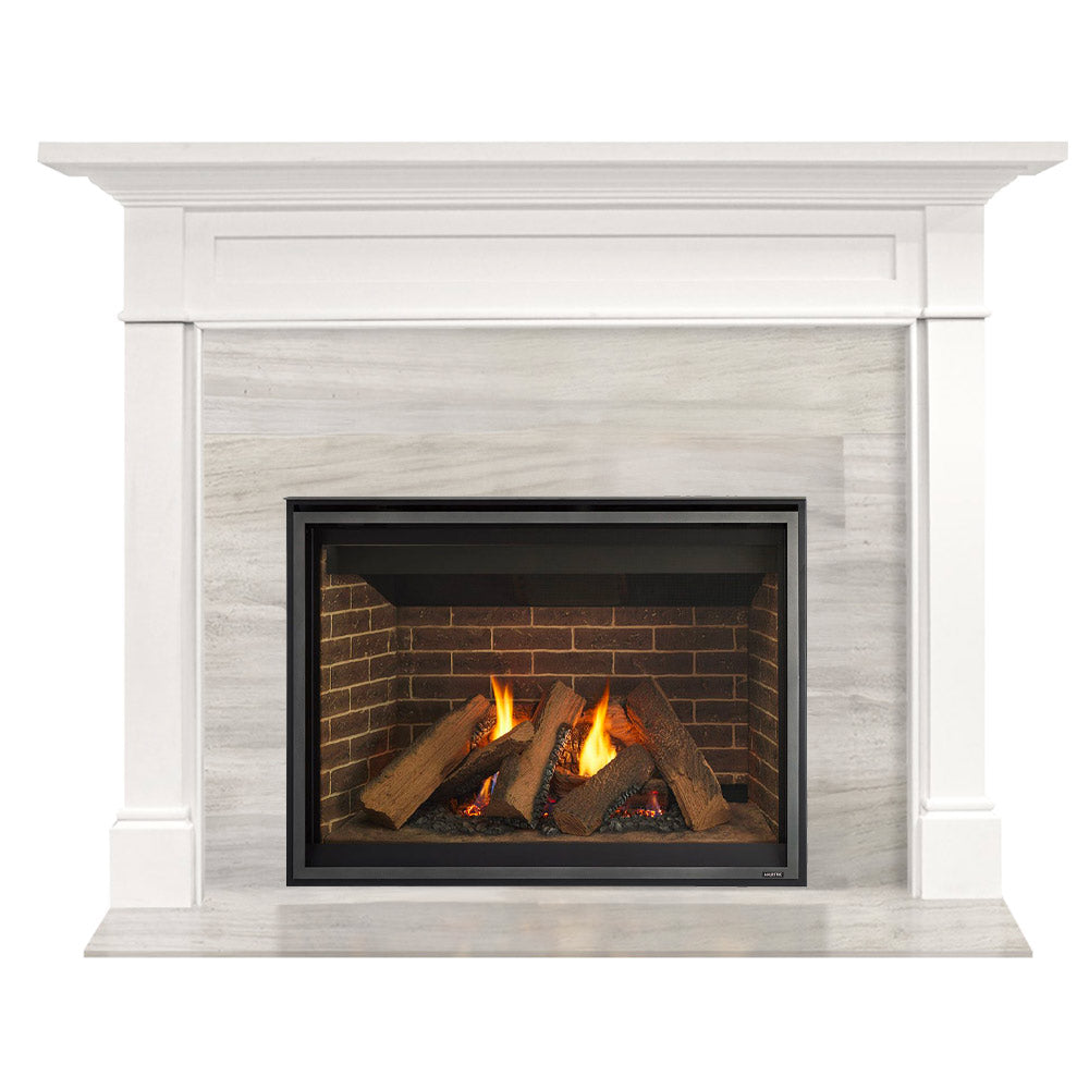 White flush mantel gas fireplace with black firebox and burning logs