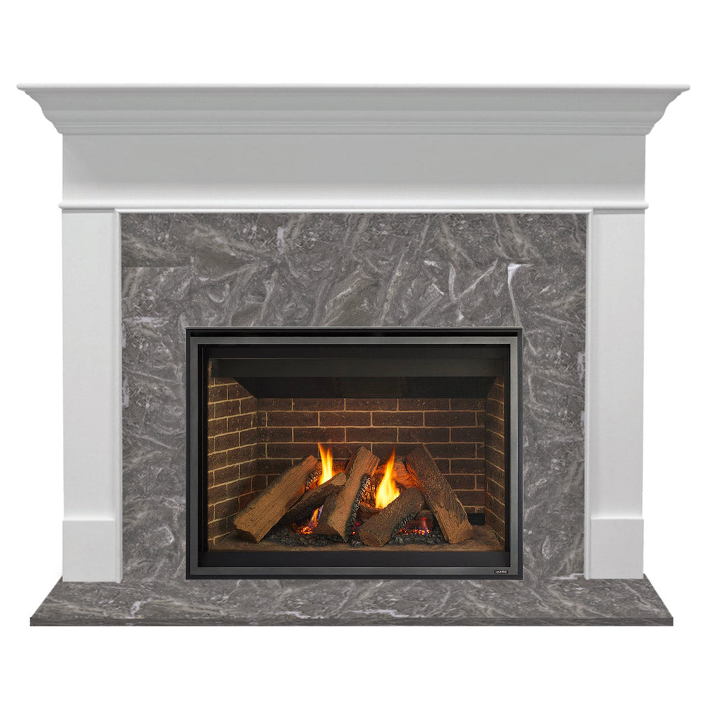 White flush mantel gas fireplace with gray stone surround, black firebox, burning logs