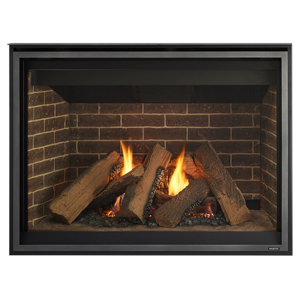 Black framed direct vent gas fireplace with burning logs behind glass