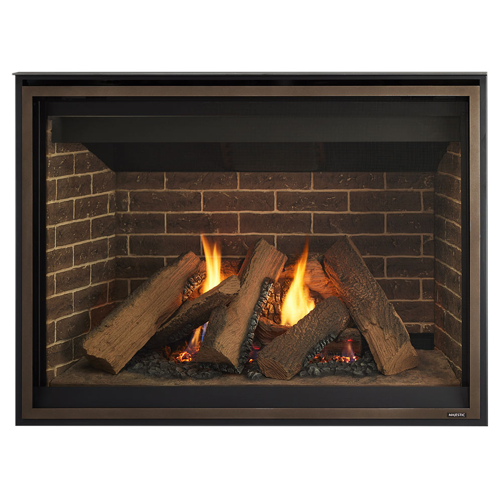 Direct vent gas fireplace with burning logs, ember bed, and brick backdrop