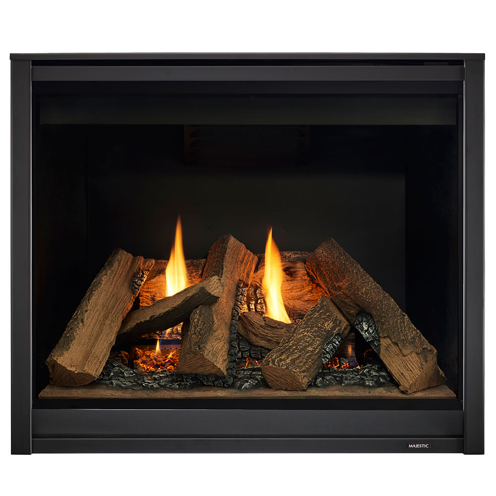Direct vent gas fireplace with black frame, burning logs and glowing embers in firebox
