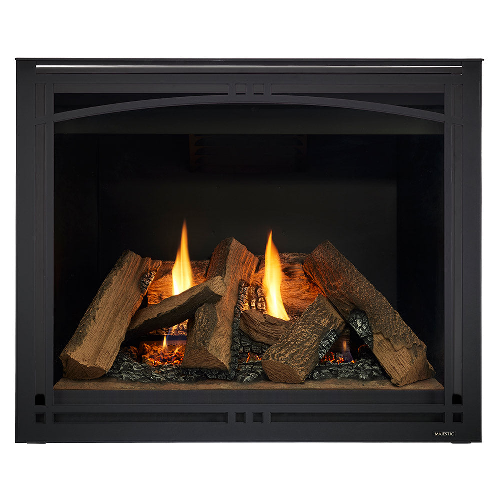 Direct vent gas fireplace with black surround and glass front, lit logs in firebox