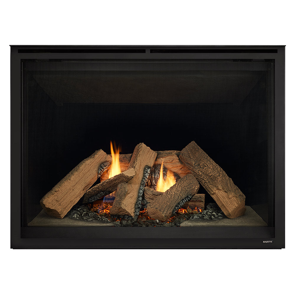Direct vent gas fireplace with black frame, burning wood logs and flames in firebox