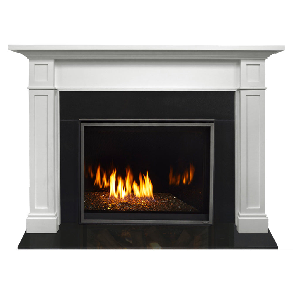 White mantel gas fireplace with black firebox, burning flames and logs