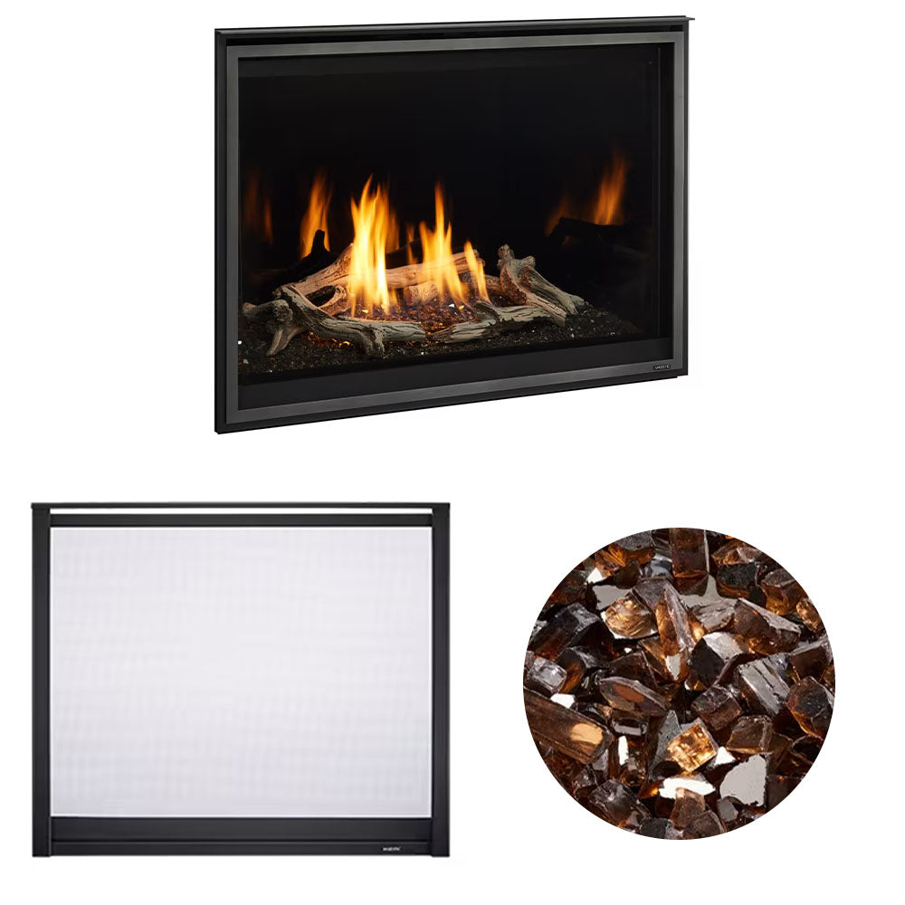 Black direct vent natural gas fireplace with copper crushed-glass ember media