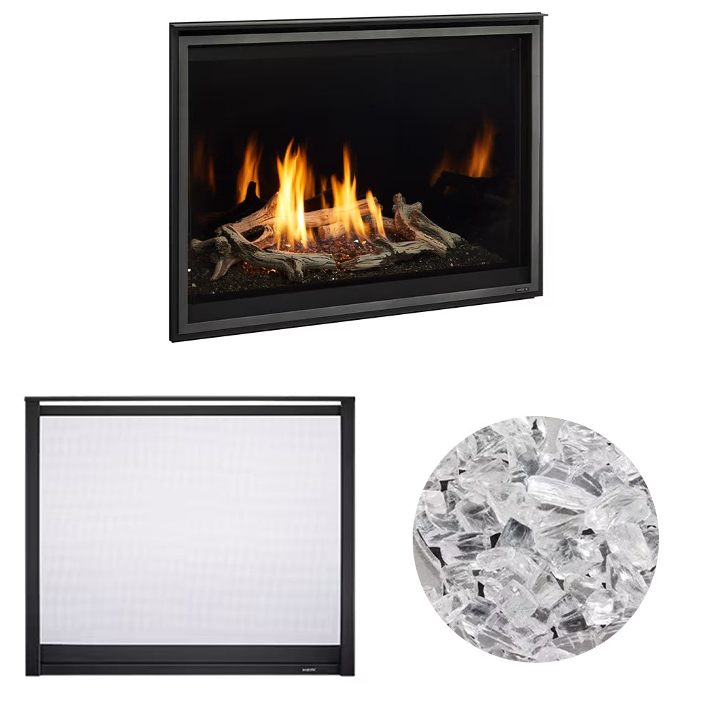 Black direct vent natural gas fireplace with clear crushed-glass ember media