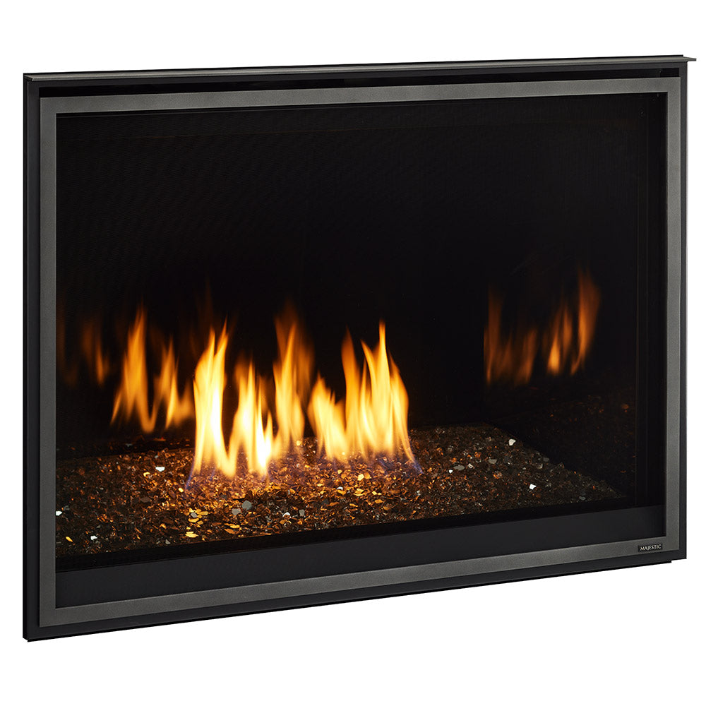 Black direct vent gas fireplace burner with flames and dark ember bed in view