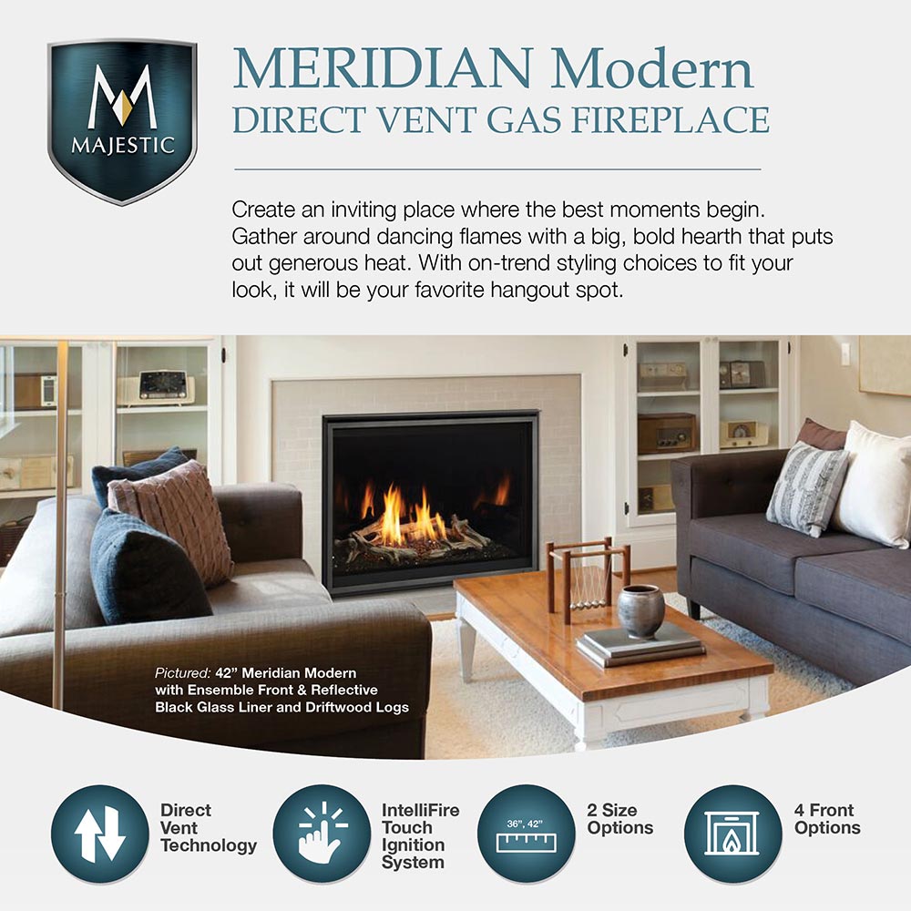 Meridian Modern direct vent gas fireplace with black interior, reflective glass, and burning logs